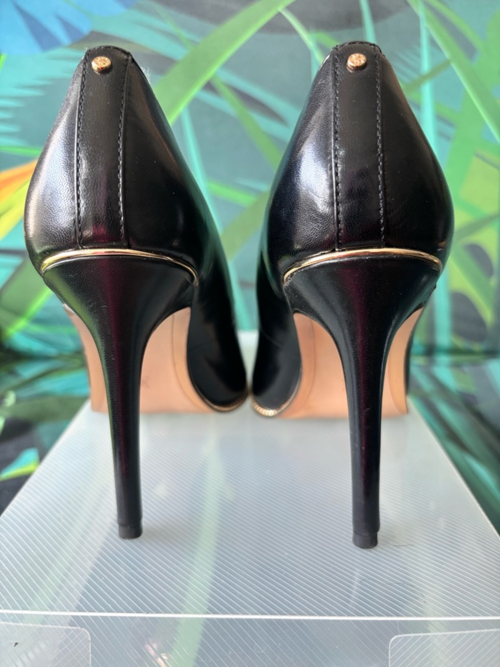 BCBGeneration Black Leather Stiletto Pumps with Gold Trim